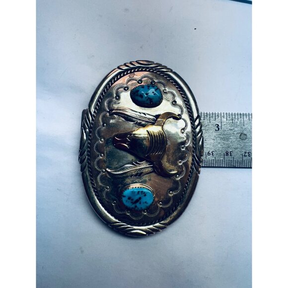 Tommy Moore Sterling Silver & 12K GF Belt Buckle Turquoise & Bull Head Design - Picture 4 of 6